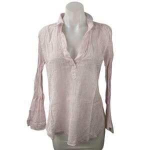 LOFT Womens Pink Striped V-Neck Collar Long Sleeve Sheer Shirt Blouse Top Size M